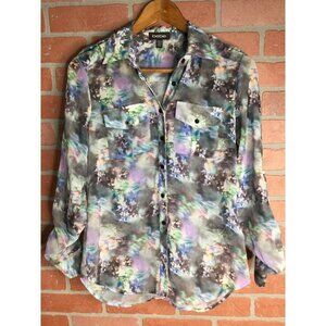 Bebe Button Up Blouse Shirt Watercolor Tie Dye Pockets Roll Tab Sleeve XXS